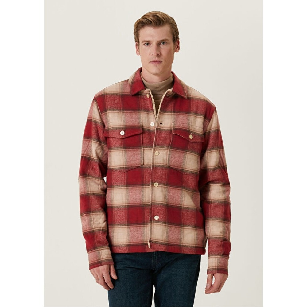 AllSaints Hawkins Checked Relaxed Fit Jacket Mens XXL Pyrope Red Plaid Sherpa